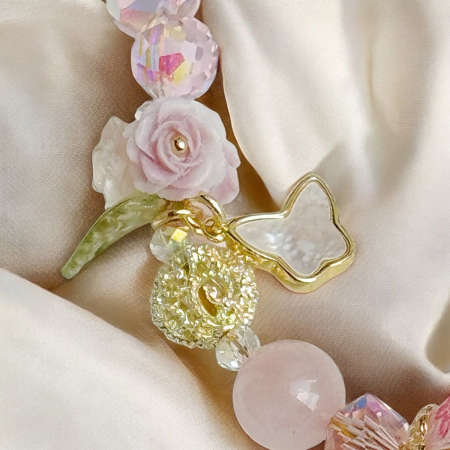 [Mini 12cm] Cherry Rose in Sakura Rhodonite, Rose Quartz & Clear Quartz