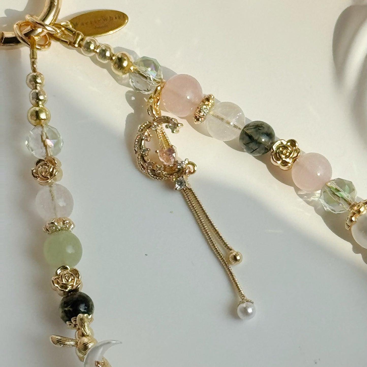 MoonBunny in White/Pink Rabbit Hair Rutile, Green Rutile, Green Chalcedony, Rose Quartz & Pink Lepidolite