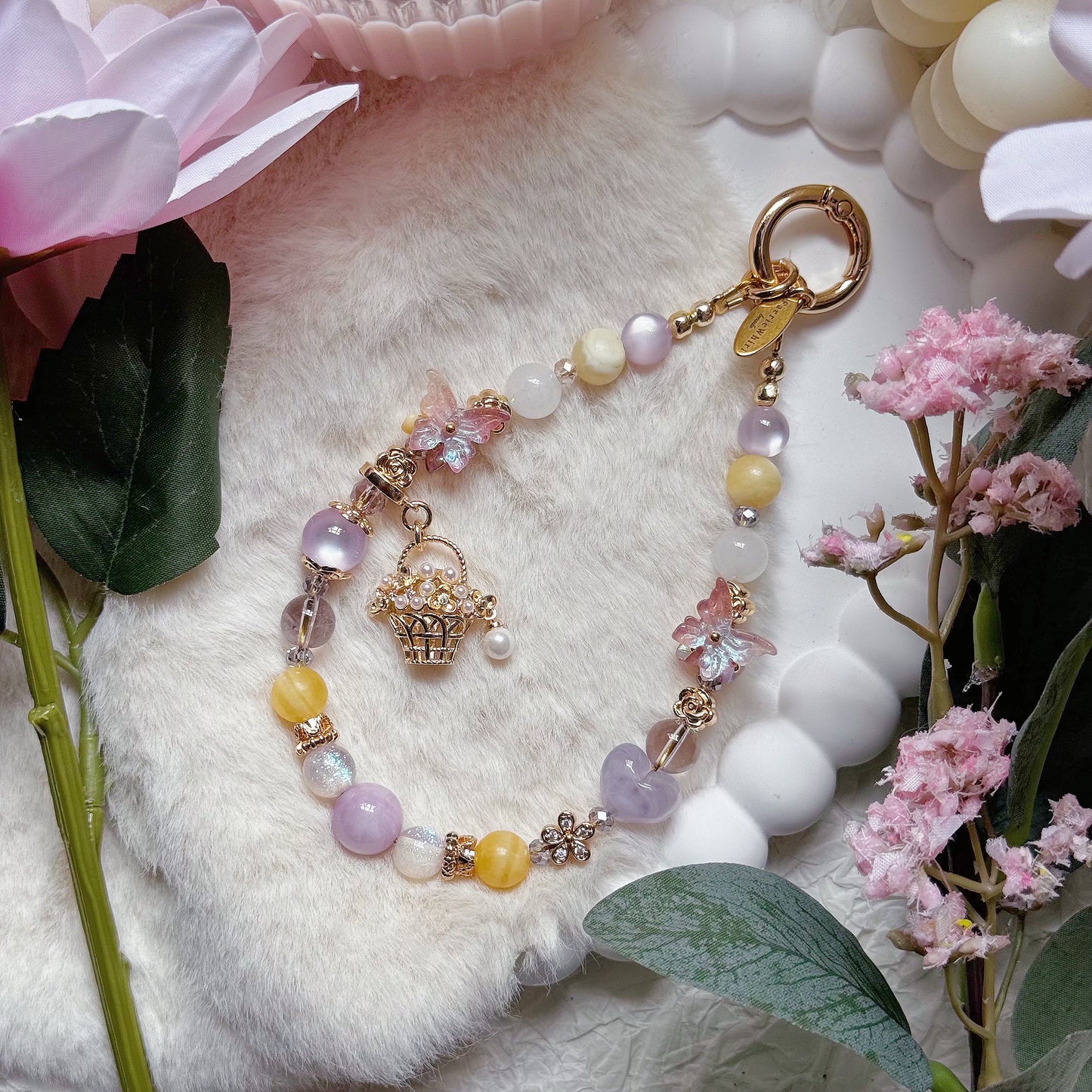 [Mini:13cm] FAERIE'S BASKET in Kunzite, Yellow Calcite, White Jade & Lavender Amethyst