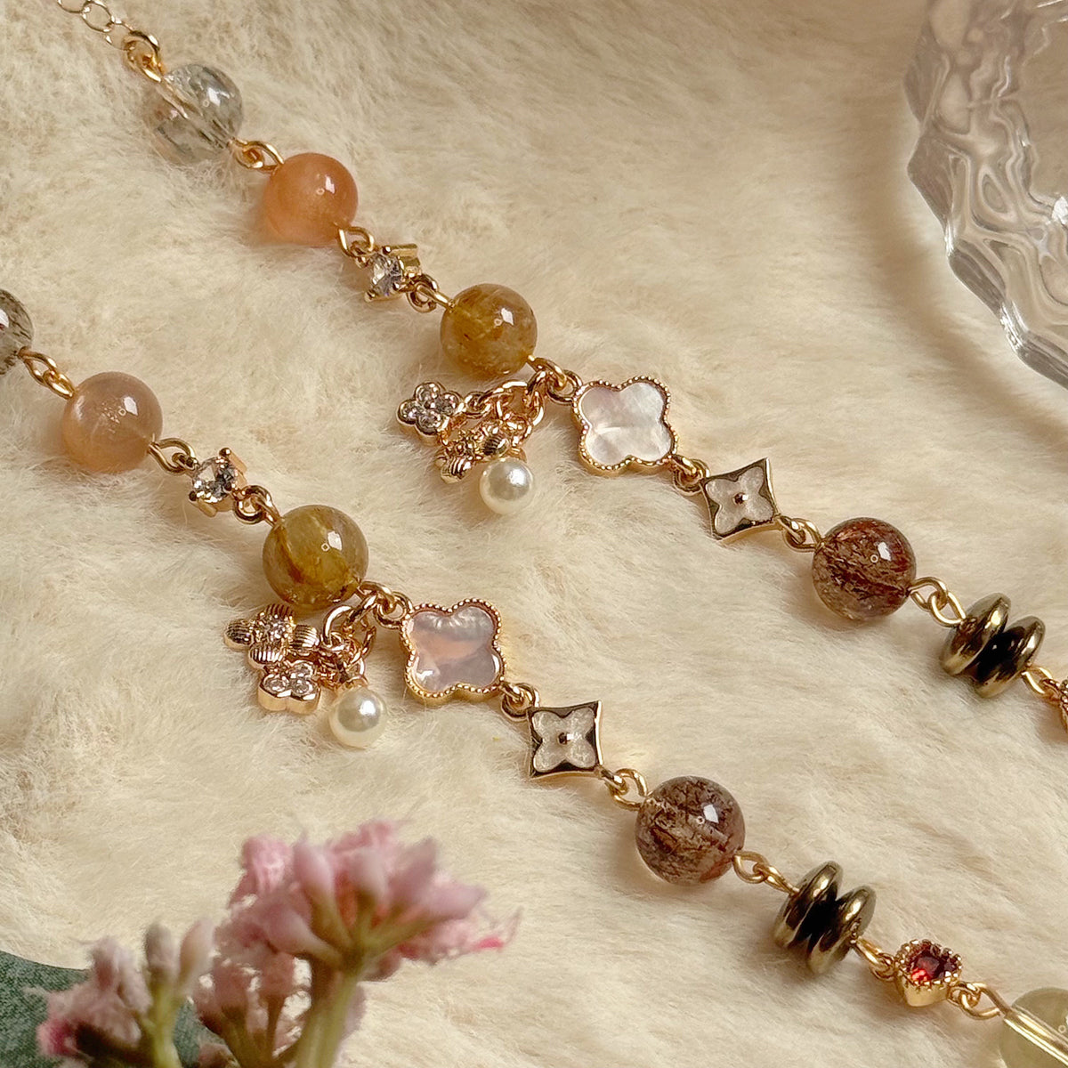 [WS: 13.5-18cm] CLOVERWISH in Black-Gold Super Seven, Golden Rutile Quartz, Brazil Citrine, Sunstone & Pyrite