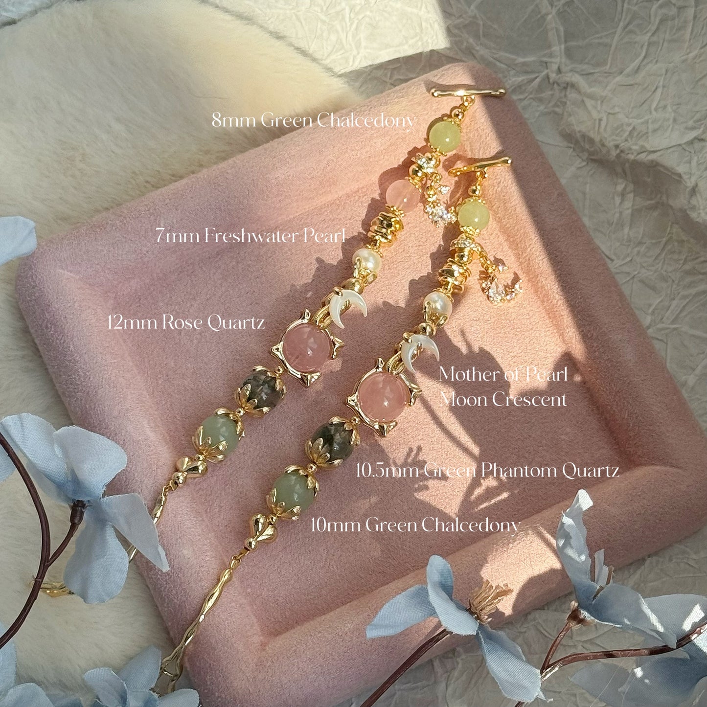 Bunny Eclipse in Rose Quartz, Green Phantom Quartz, Green Chalcedony, Freshwater Pearl, Mother of Pearl [WS: 14cm or 15cm]