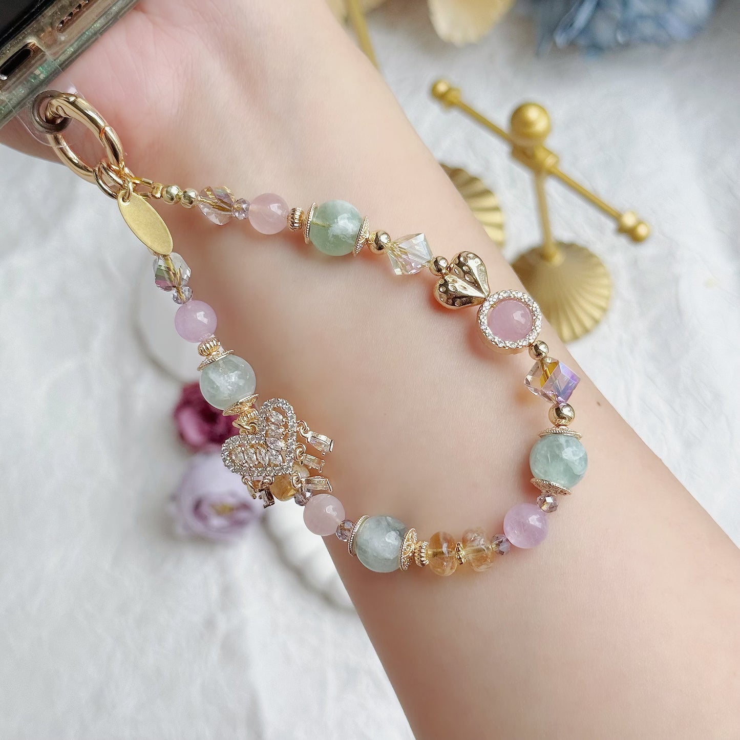 [Mini: 12.5cm] Wildberry Heart in Green Feather Fluorite, Kunzite, Citrine & Rose Quartz