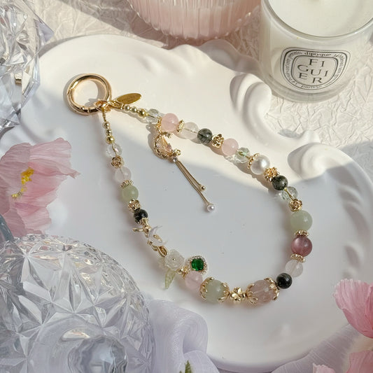MoonBunny in White/Pink Rabbit Hair Rutile, Green Rutile, Green Chalcedony, Rose Quartz & Pink Lepidolite