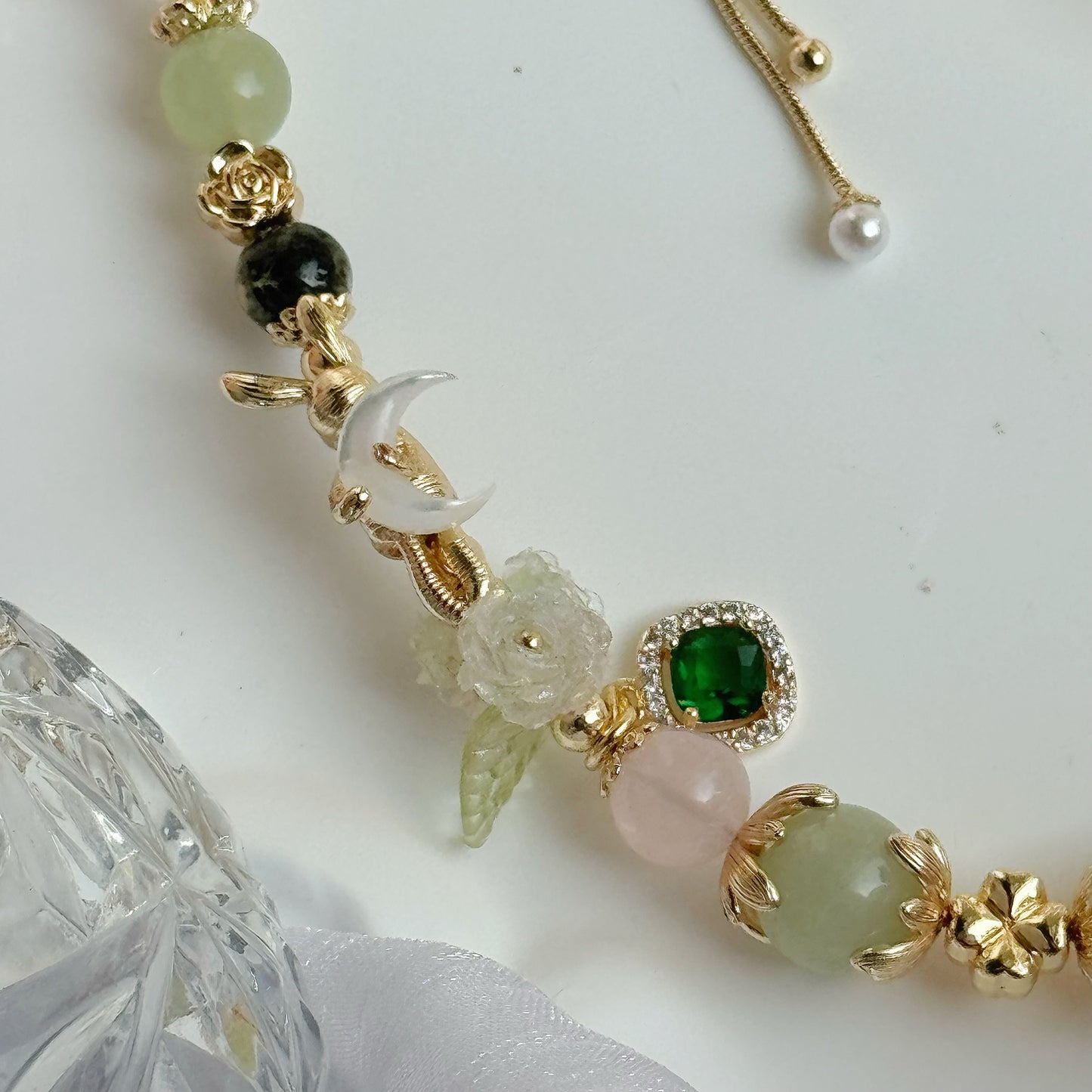 MoonBunny in White/Pink Rabbit Hair Rutile, Green Rutile, Green Chalcedony, Rose Quartz & Pink Lepidolite