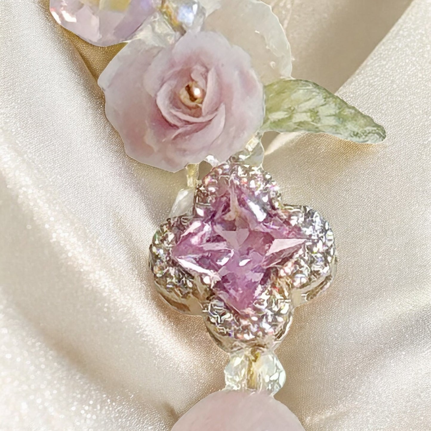 [Mini 12cm] Cherry Rose in Sakura Rhodonite, Rose Quartz & Clear Quartz