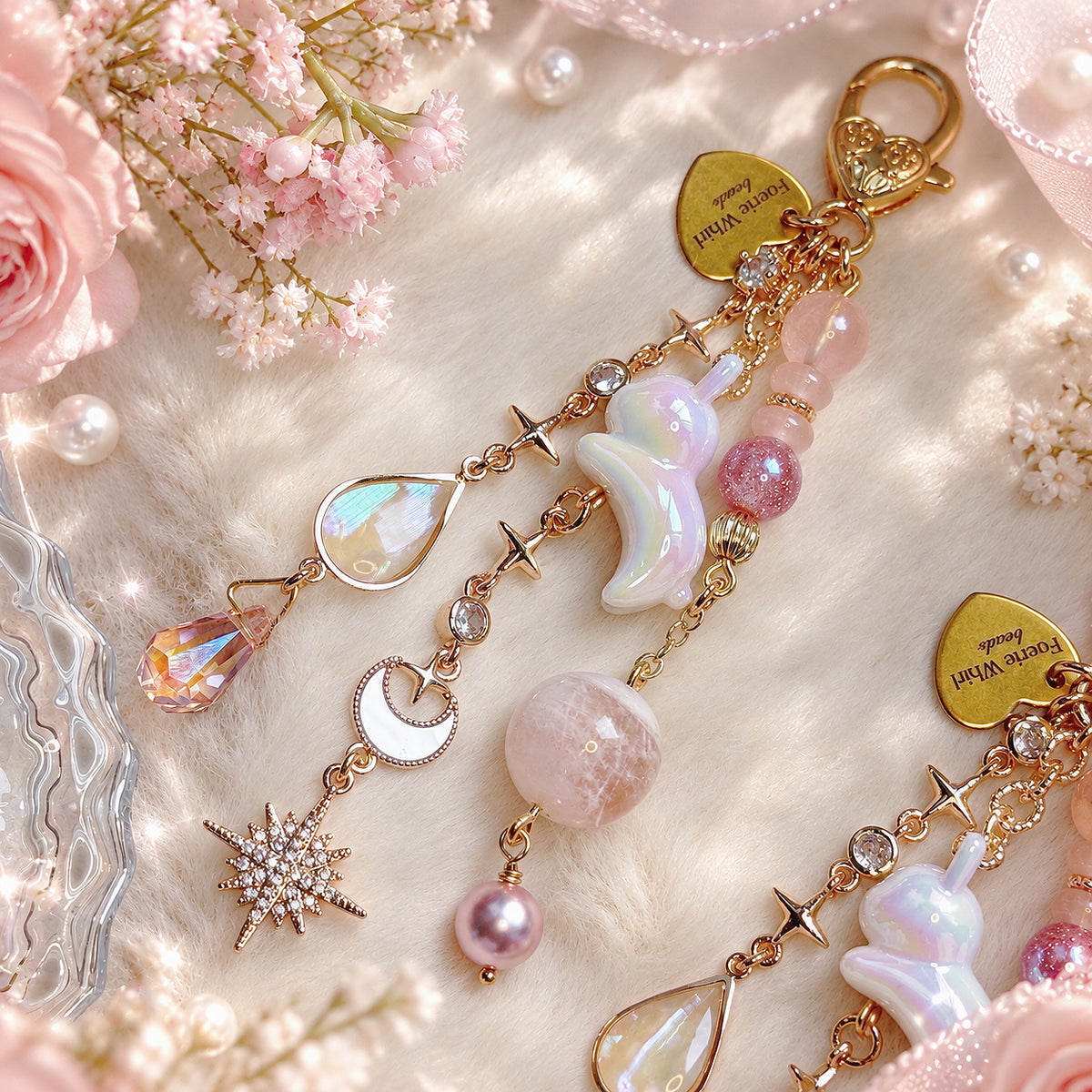 MOON MIFFY Dangle in Pink Snow Phantom Quartz & Rose Quartz
