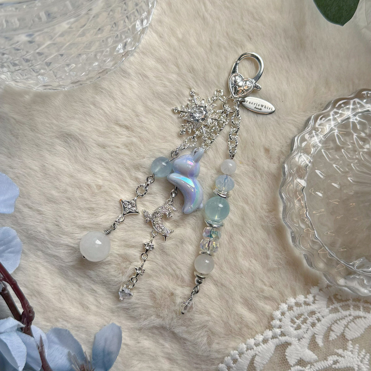 WINTER RABBIT Dangle in Aquamarine & White Jade