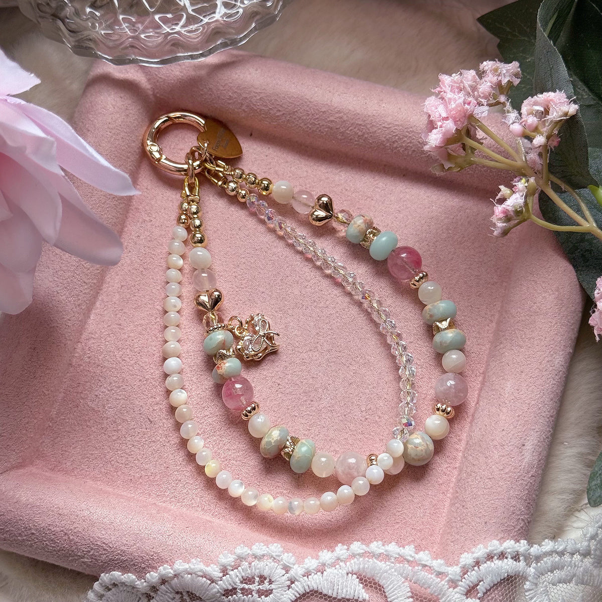 [Mini: 12cm] SWEETHEART in Aqua Terra Jasper, Sakura Rhodonite, Pink Lepidolite, Rose Quartz & Mother of Pearl