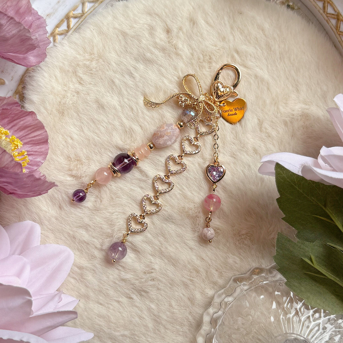 GIRLY HEART Dangle in Amethyst, Flower Agate, Sakura Rhodonite & Rose Quartz