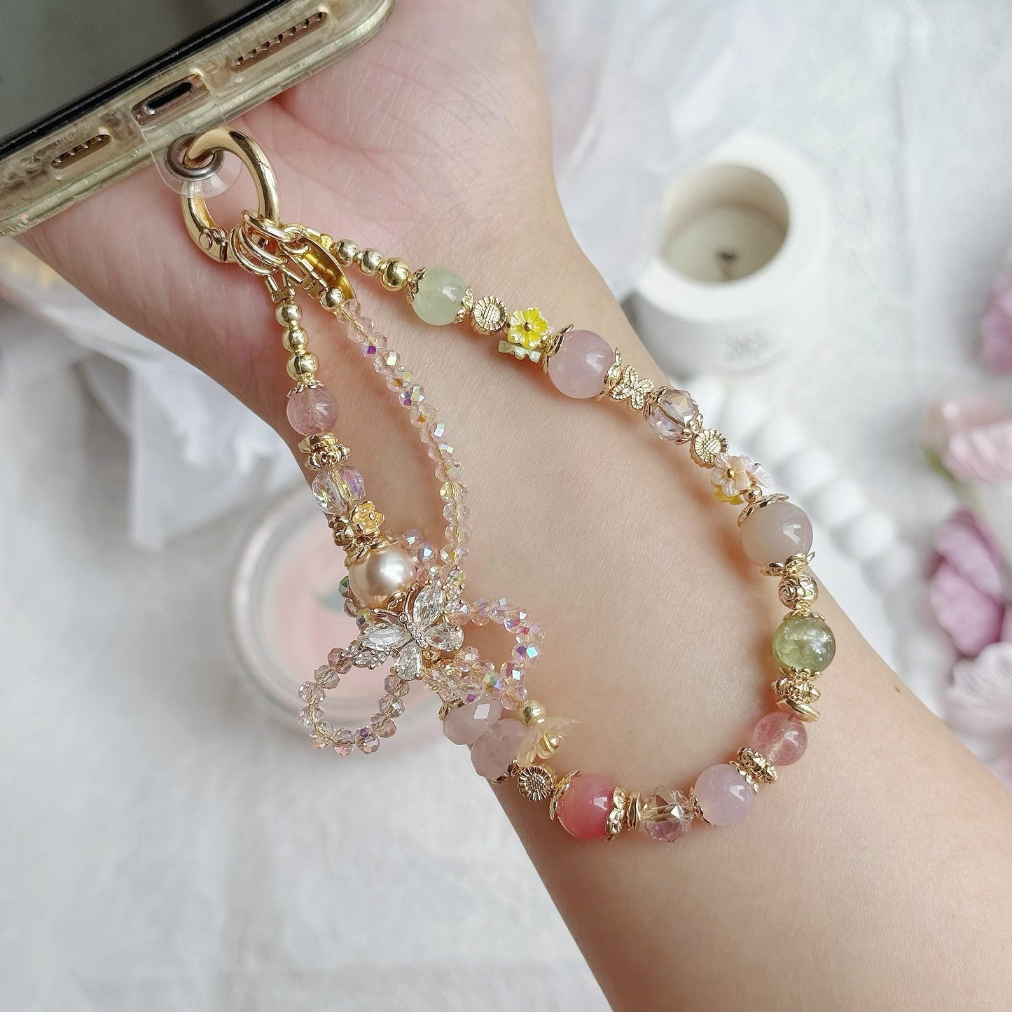 [Mini:13cm] Petal & Bloom in Rose Quartz, Strawberry Quartz, Flower Agate, Green Mica, Prehnite & Yan Yuan Agate