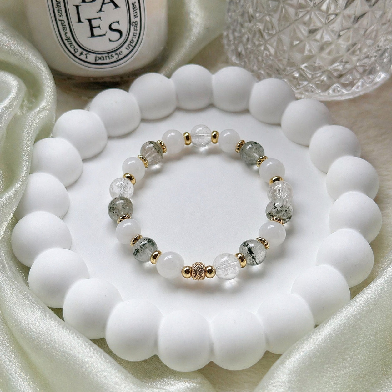 [WS: 14.5-15cm] CHERISHED in Green Phantom Quartz, White Jade & Crackled Quartz