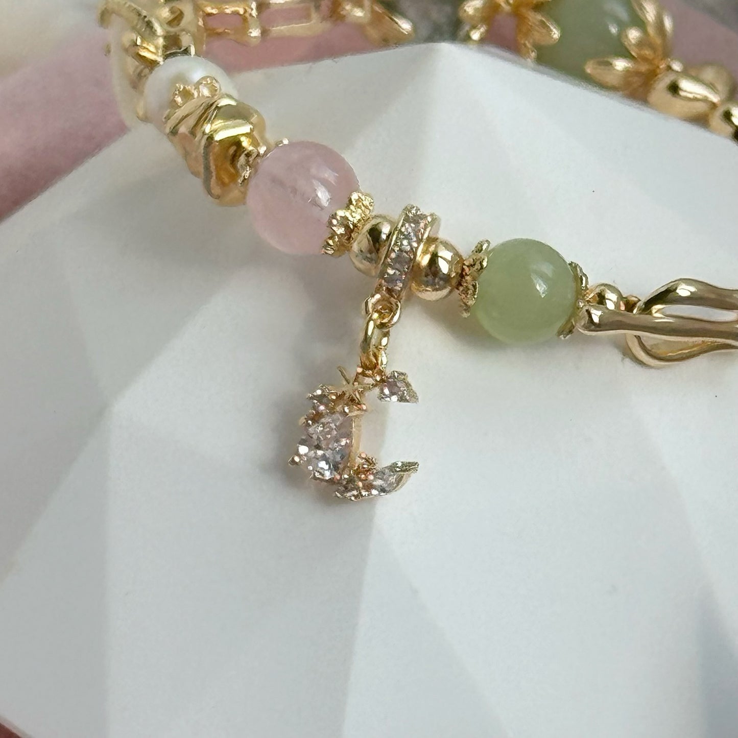 Bunny Eclipse in Rose Quartz, Green Phantom Quartz, Green Chalcedony, Freshwater Pearl, Mother of Pearl [WS: 14cm or 15cm]
