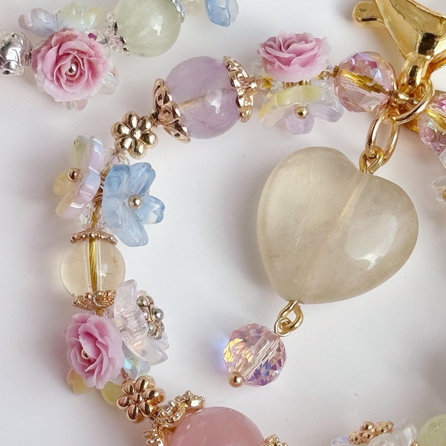 Lemon Heart Blossom in Lemon Citrine, Aquamarine, Prehnite, Rose Quartz, Brazil Citrine & Lavender Amethyst