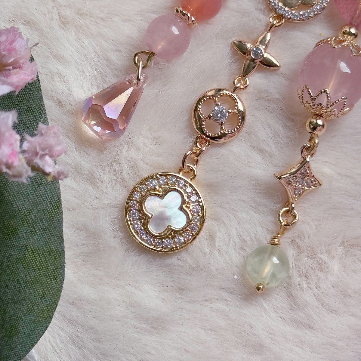 CLOVER BLOSSOM Dangle in Rose Quartz, Strawberry Quartz, Green Feather Fluorite, Prehnite & Yan Yuan Agate