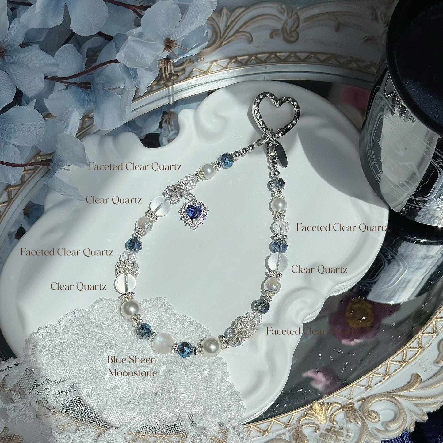 Heart of the Ocean in High Grade Clear Quartz & Blue Sheen Moonstone