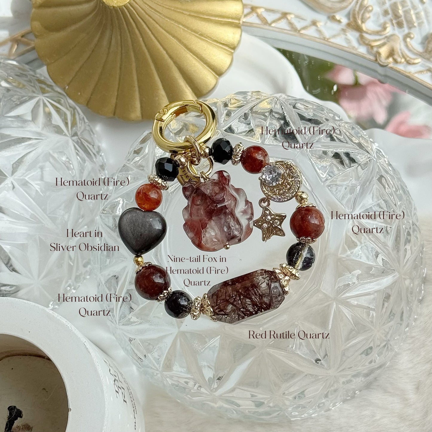 Amber Fire Nine-Tail in Red Rutile Quartz, Hematoid Quartz & Sliver Obsidian