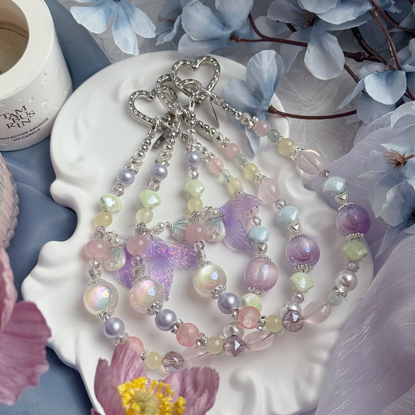 Mermaid Lagoon in Rose Quartz, Yellow Chalcedony & Green Fluorite (Sliver Hardware)