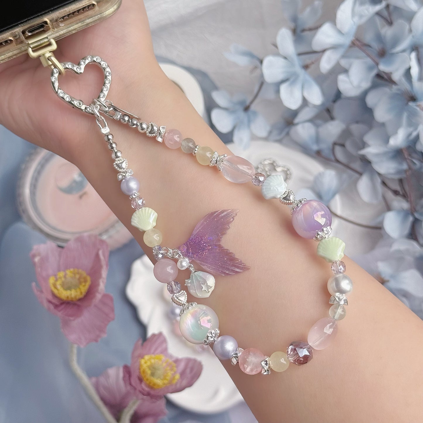 Mermaid Lagoon in Rose Quartz, Yellow Chalcedony & Green Fluorite (Sliver Hardware)