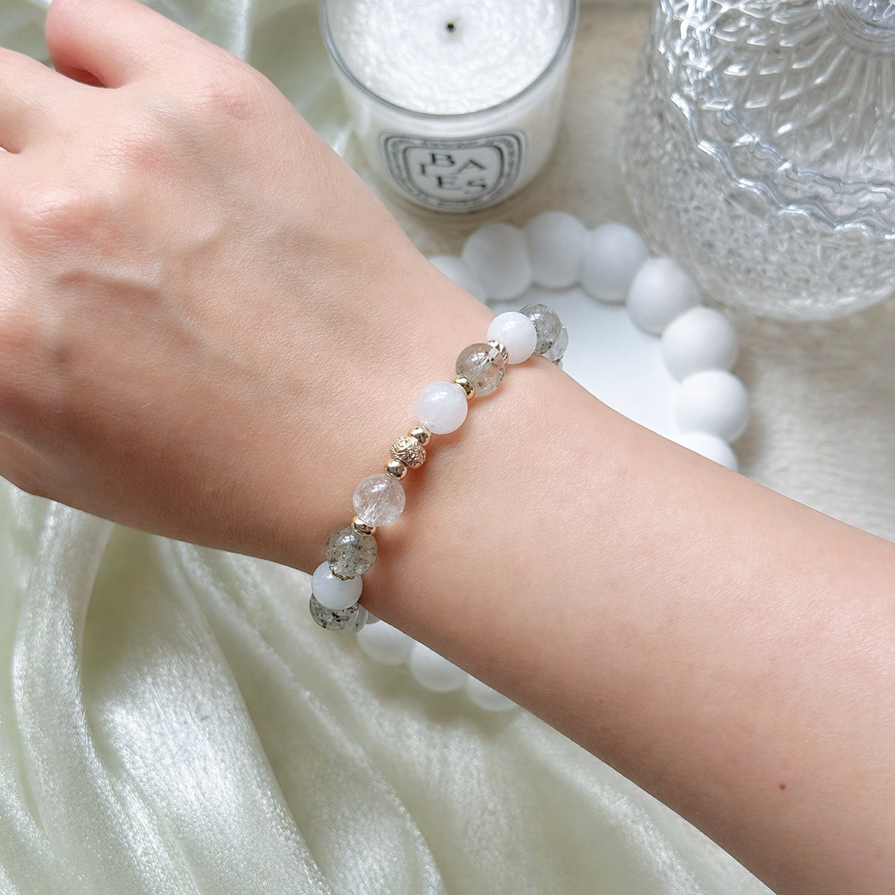 [WS: 14.5-15cm] CHERISHED in Green Phantom Quartz, White Jade & Crackled Quartz