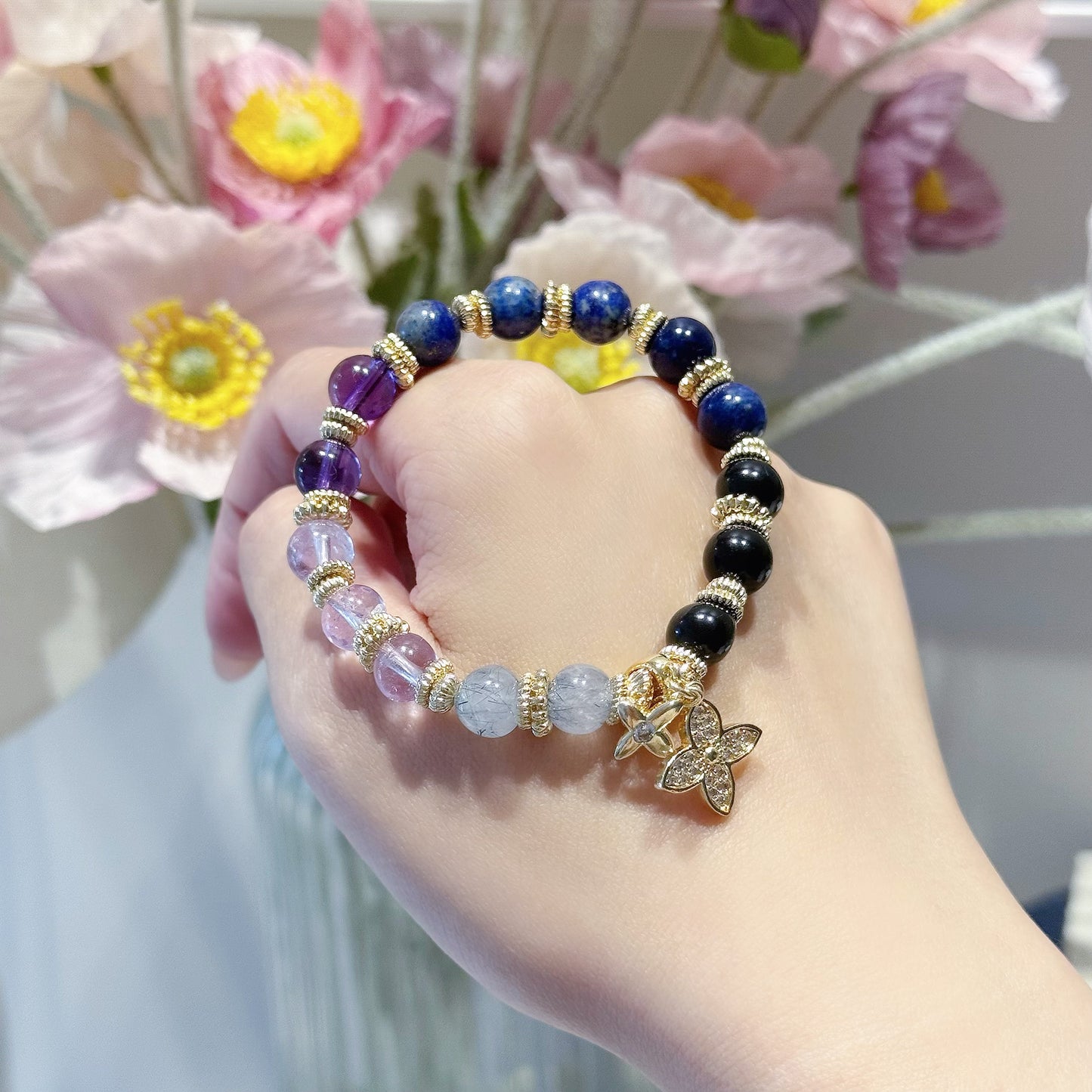 LIORA in Grey Rutile Quartz, Lavender Amethyst, Uruguay Amethyst, Lapis Lazuli, Sodalite &  Black Tourmaline [Wrist:15cm]