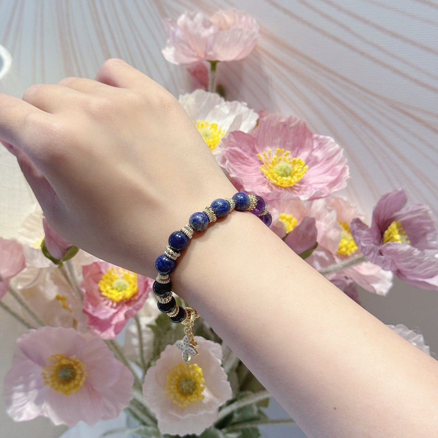 LIORA in Grey Rutile Quartz, Lavender Amethyst, Uruguay Amethyst, Lapis Lazuli, Sodalite &  Black Tourmaline [Wrist:15cm]