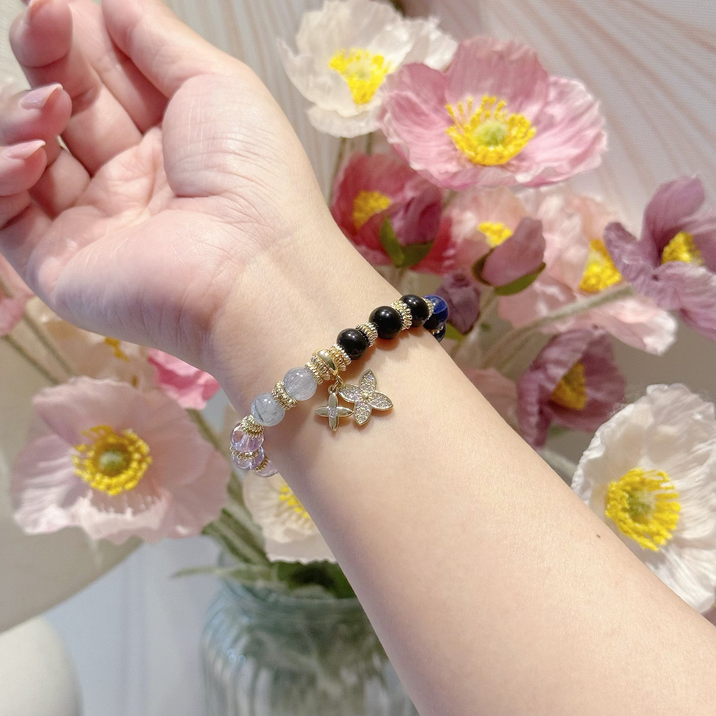 LIORA in Grey Rutile Quartz, Lavender Amethyst, Uruguay Amethyst, Lapis Lazuli, Sodalite &  Black Tourmaline [Wrist:15cm]