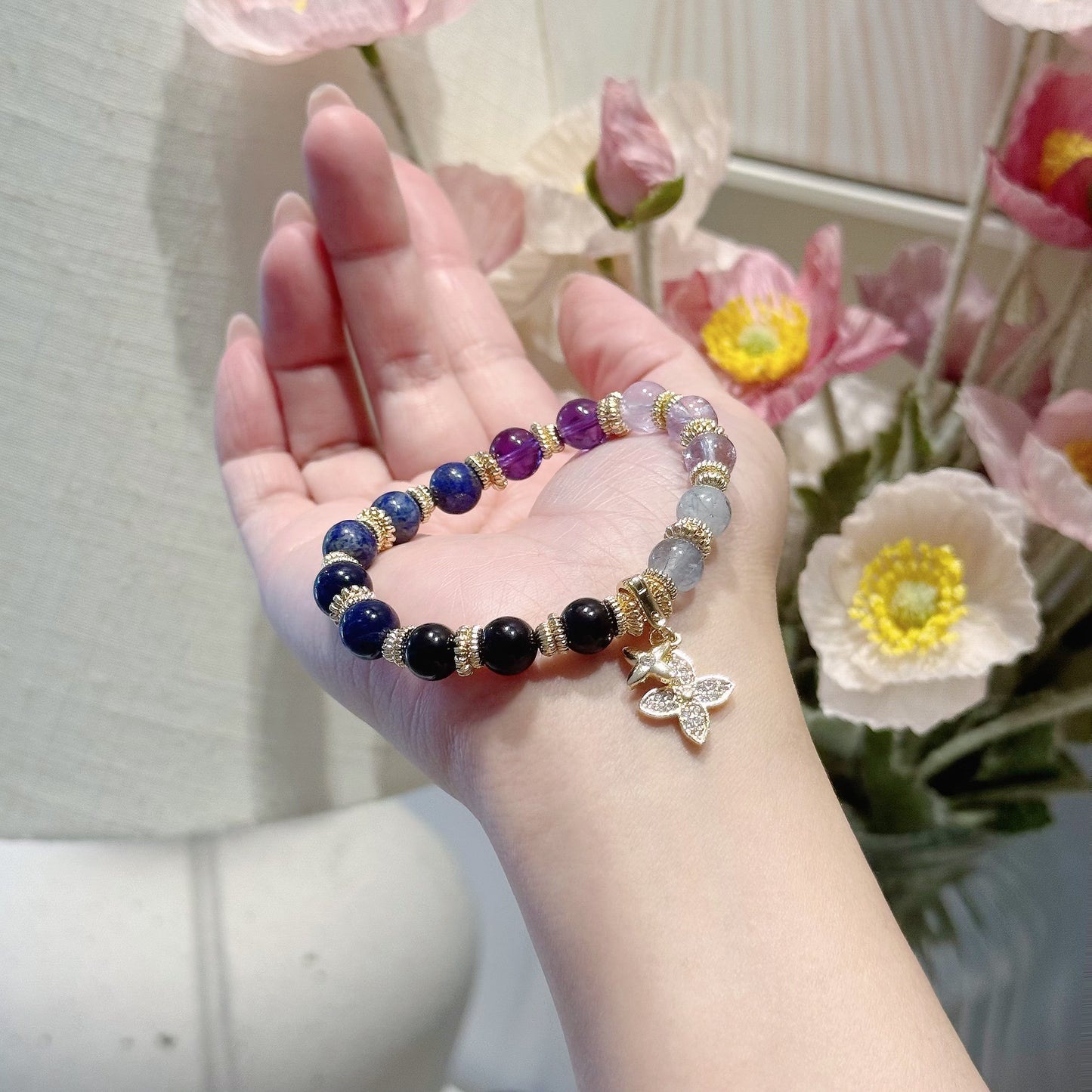 LIORA in Grey Rutile Quartz, Lavender Amethyst, Uruguay Amethyst, Lapis Lazuli, Sodalite &  Black Tourmaline [Wrist:15cm]