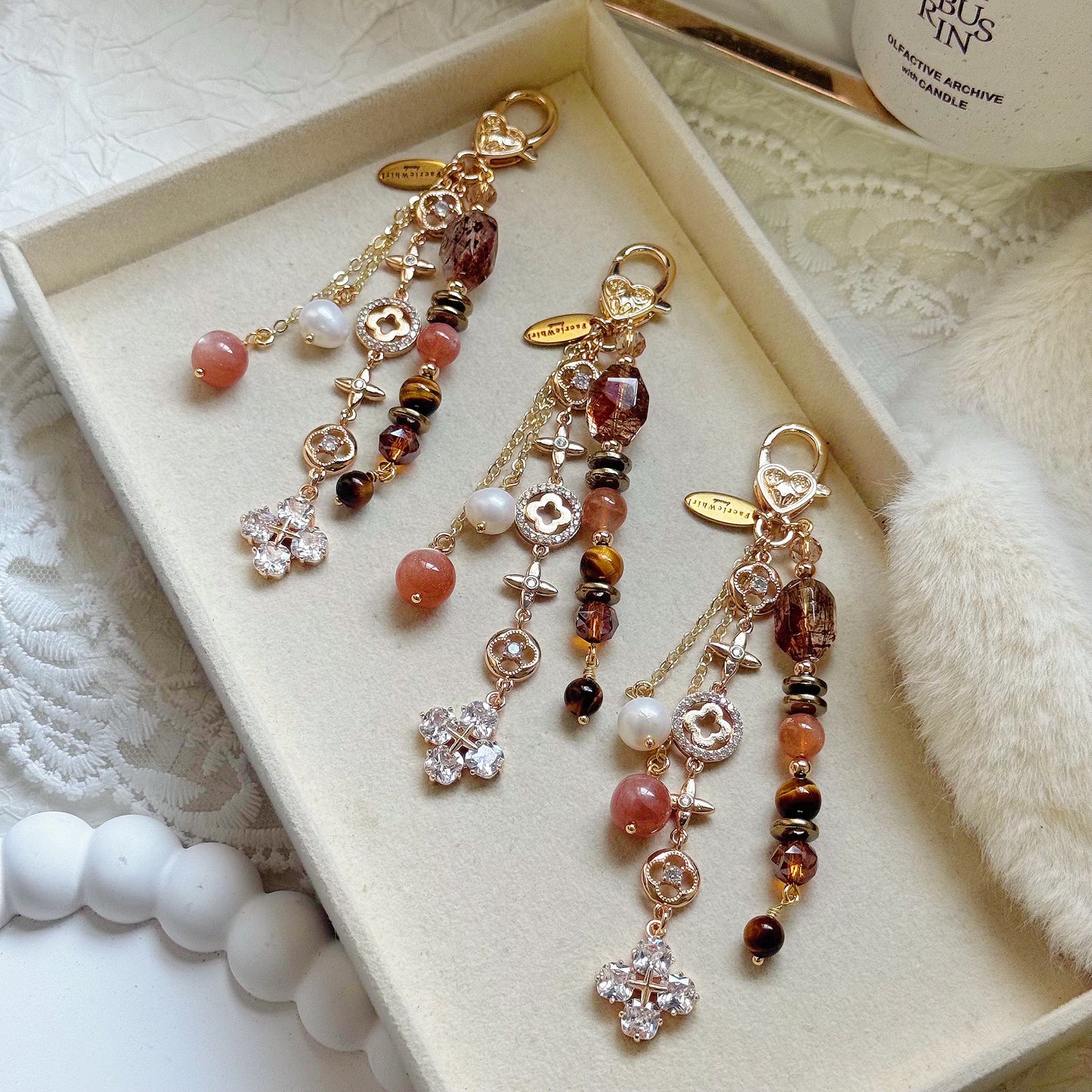 HAZEL Dangle in Sunstone, Black-gold Super Seven, Pyrite, Tiger Eye & Freshwater Pearl