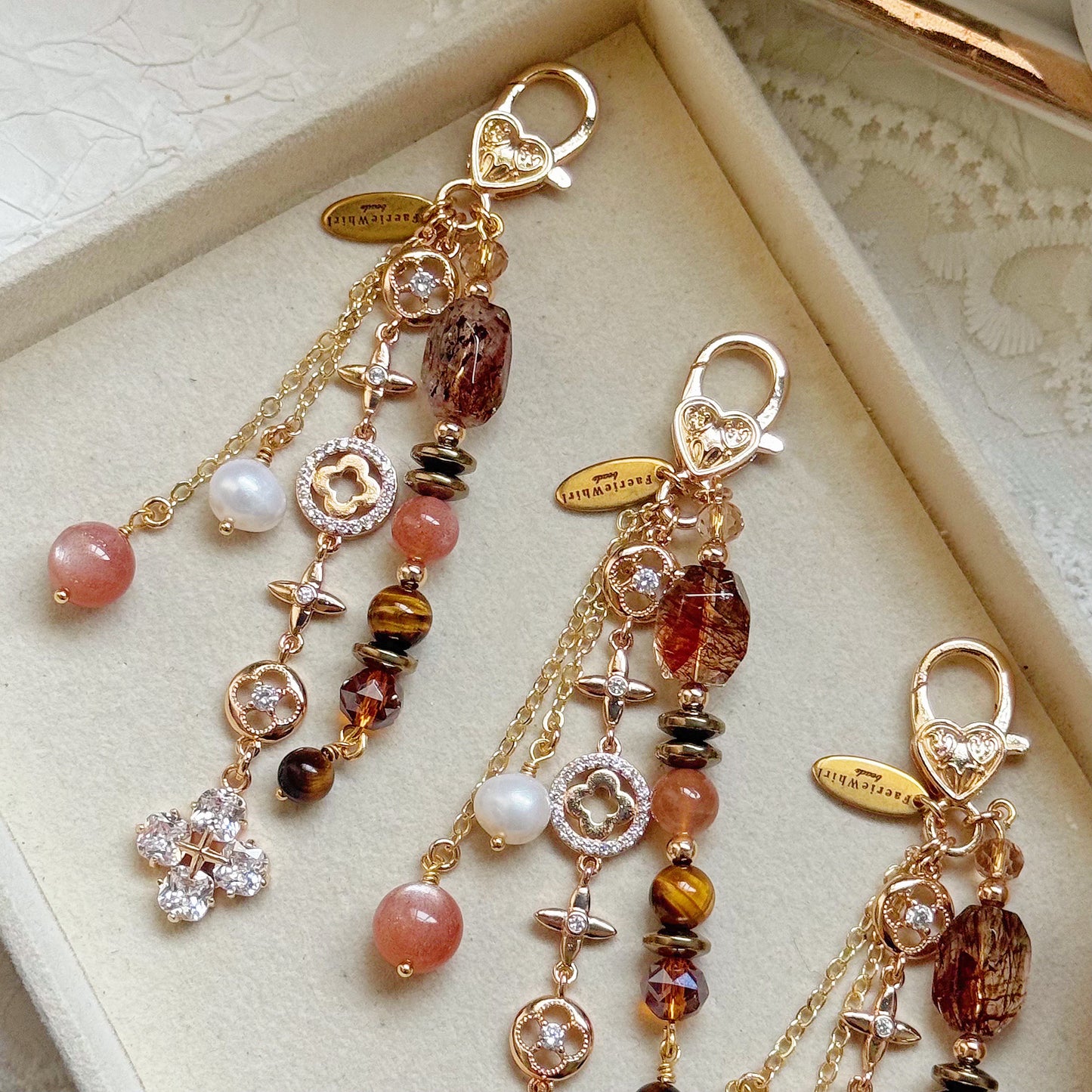 HAZEL Dangle in Sunstone, Black-gold Super Seven, Pyrite, Tiger Eye & Freshwater Pearl