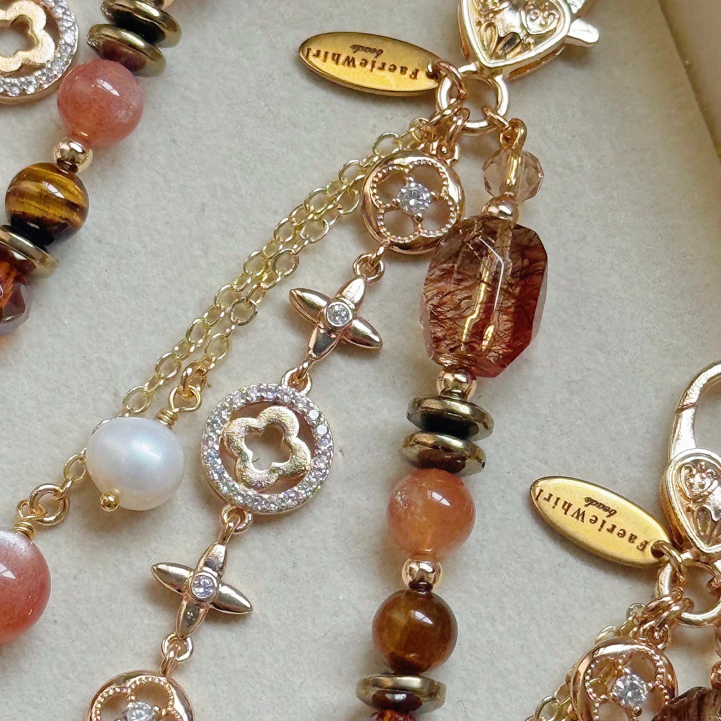 HAZEL Dangle in Sunstone, Black-gold Super Seven, Pyrite, Tiger Eye & Freshwater Pearl
