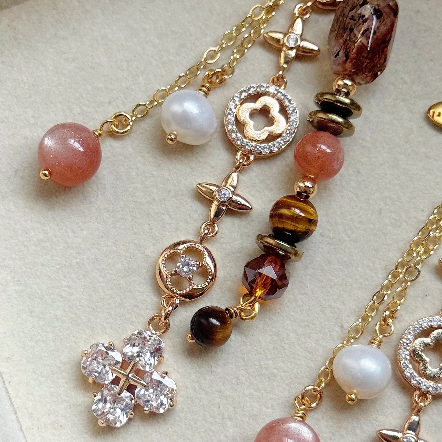HAZEL Dangle in Sunstone, Black-gold Super Seven, Pyrite, Tiger Eye & Freshwater Pearl