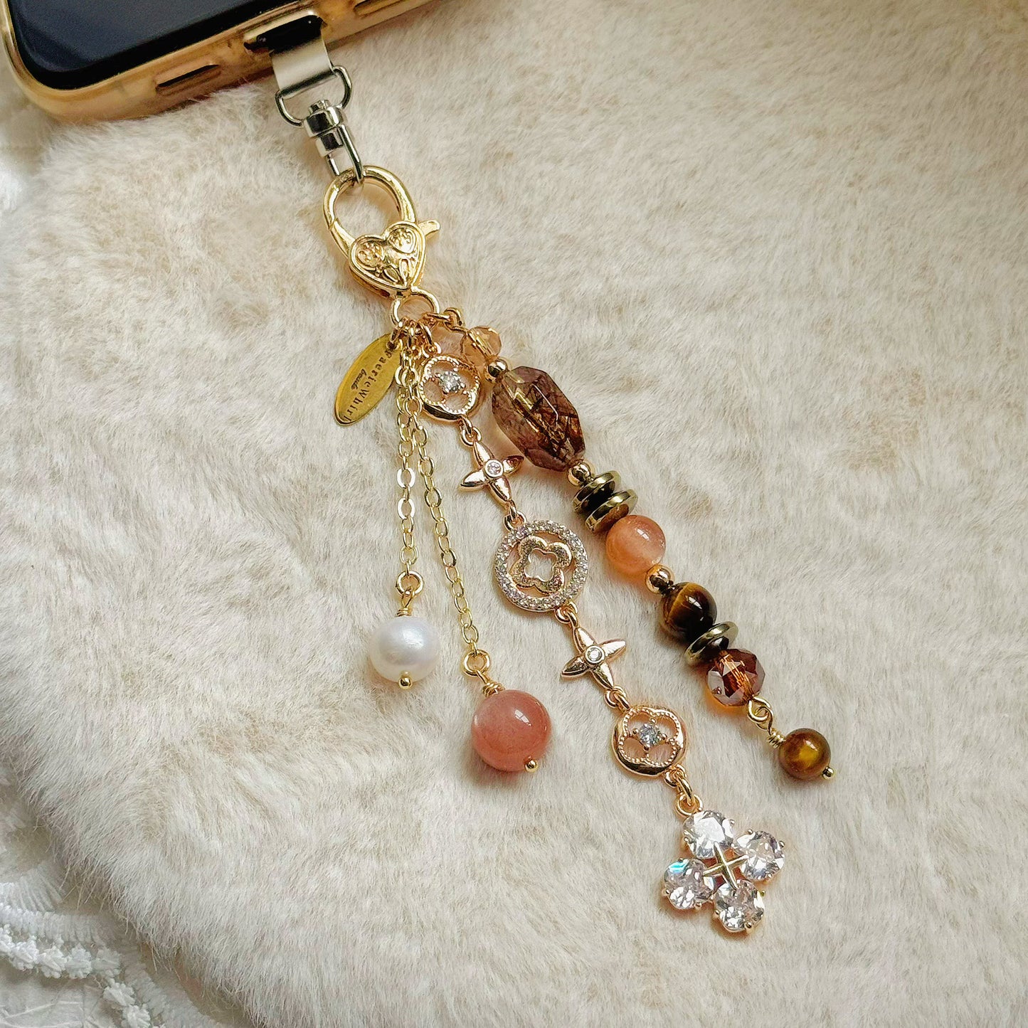 HAZEL Dangle in Sunstone, Black-gold Super Seven, Pyrite, Tiger Eye & Freshwater Pearl