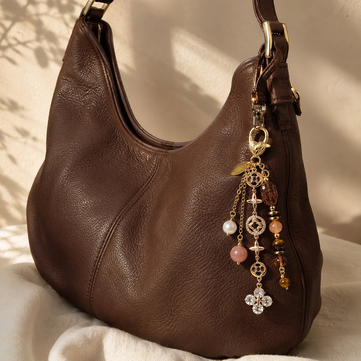 HAZEL Dangle in Sunstone, Black-gold Super Seven, Pyrite, Tiger Eye & Freshwater Pearl