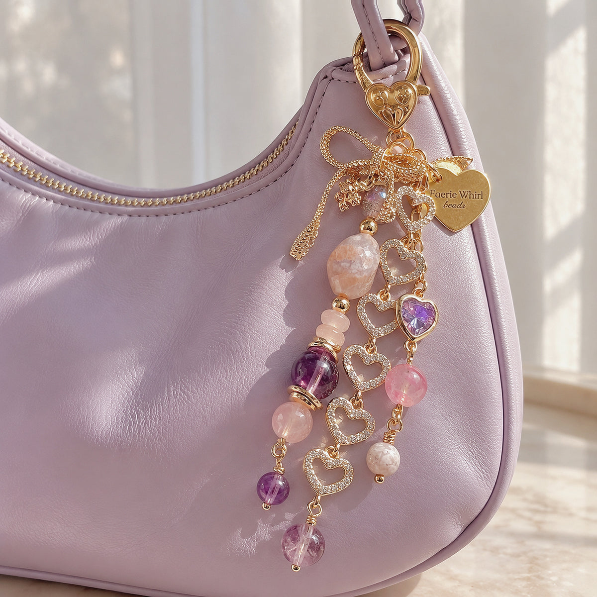 GIRLY HEART Dangle in Amethyst, Flower Agate, Sakura Rhodonite & Rose Quartz
