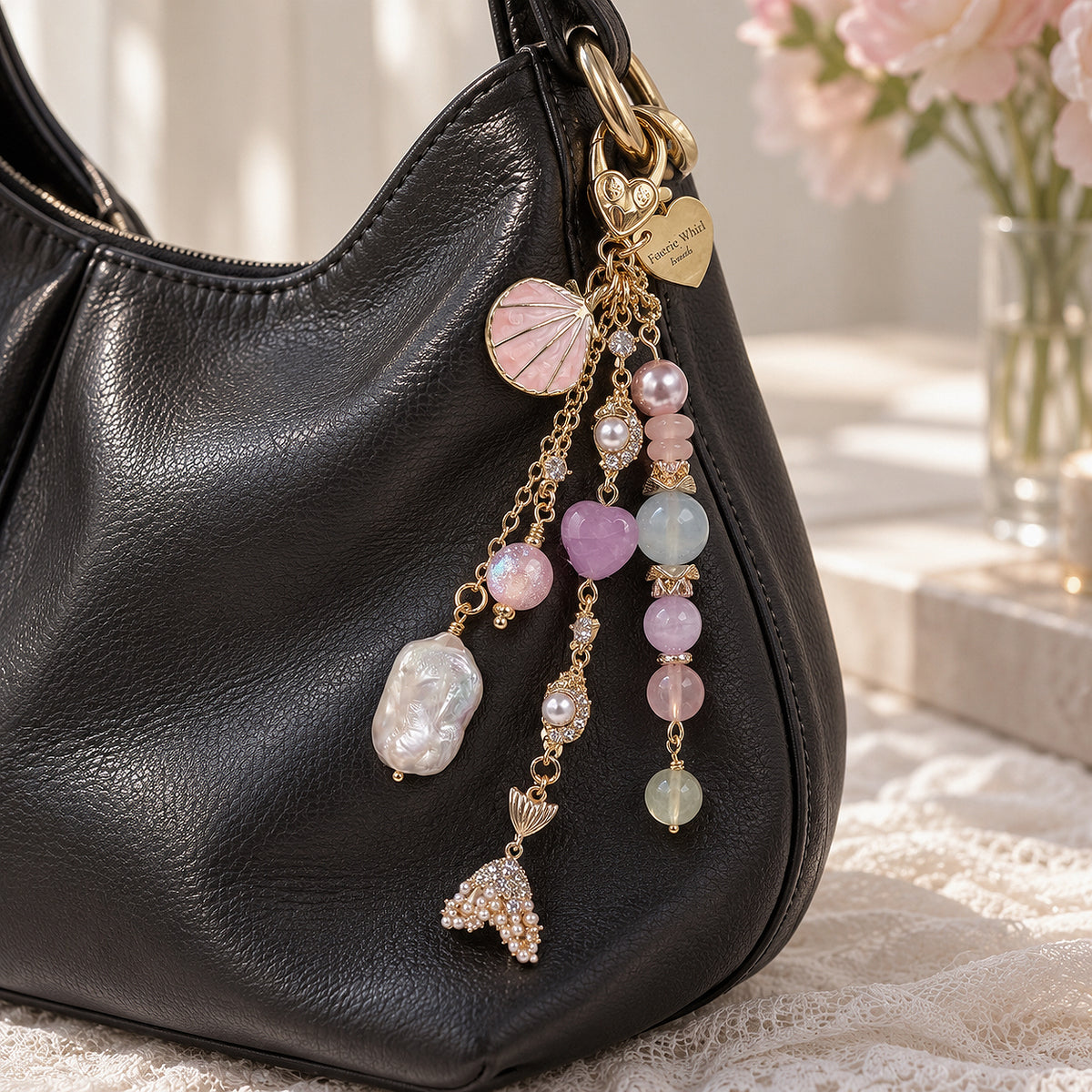 MERMIELLE Dangle in Aquamarine, Rose Quartz, Yan Yuan Agate, Kunzite, Prehnite & Freshwater Baroque Pearl